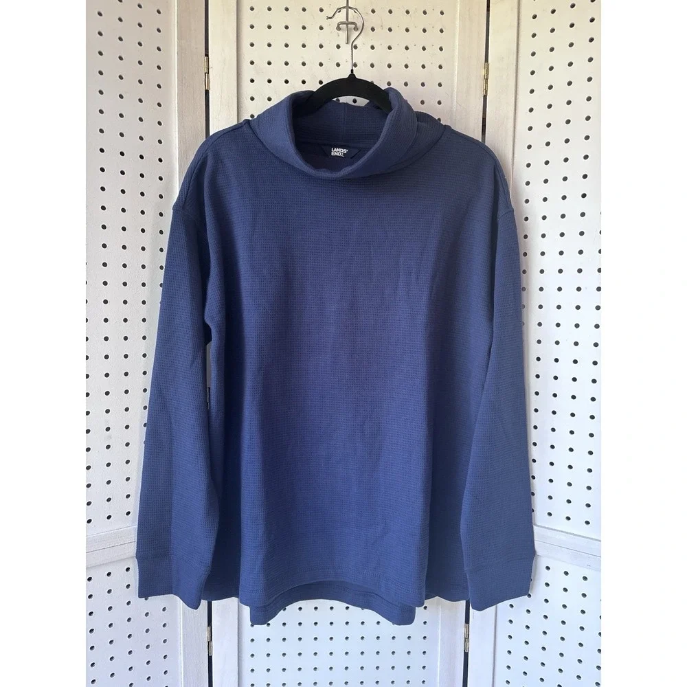 Lands' End Women's M Navy Blue Waffle Knit Funnel Cowl Neck Pullover Top LongSLV